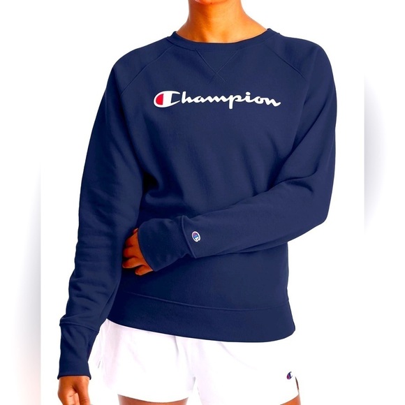 Champion Tops - Champion navy blue sweatshirt XL women’s white logo poly cotton blend